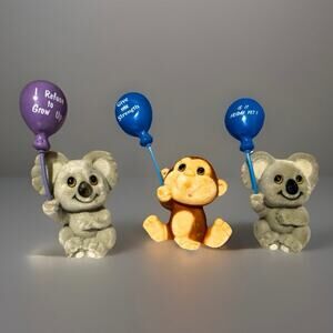 Vintage Mini Flocked Koala & Monkey Set – 80s 90s Desk Decor Small Motivational